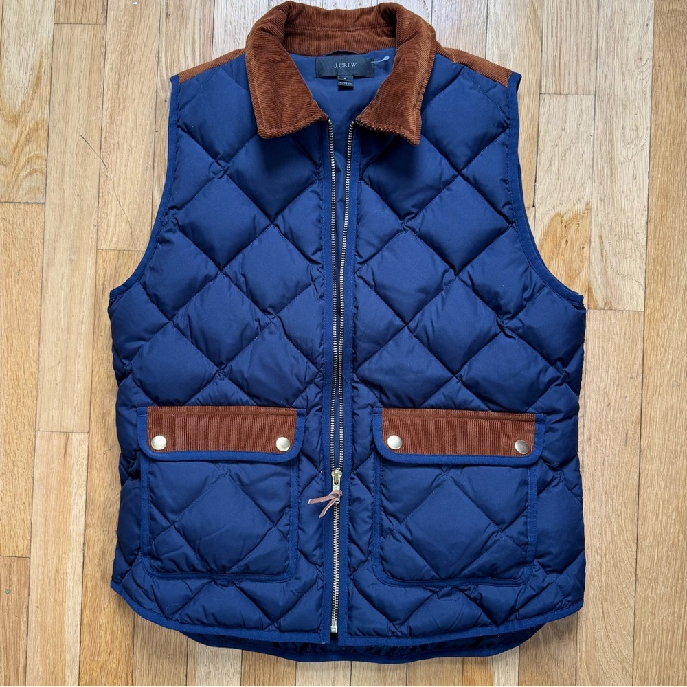 J. Crew Navy Quilted Vest with Brown Corduroy Trim